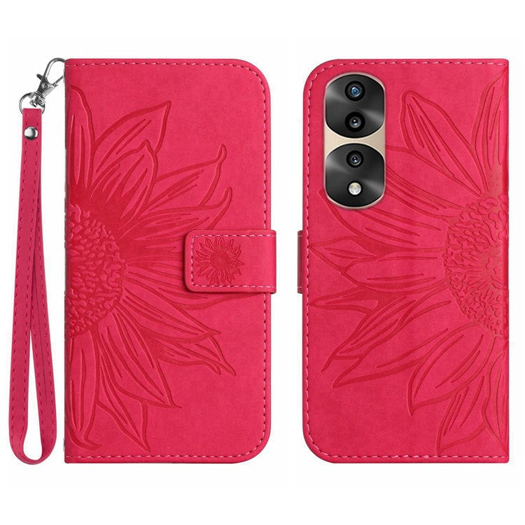 Skin-Touch Feeling Flip Phone Case for Honor 70 Pro 5G / 70 Pro+ 5G, Anti-fingerprint Imprinted Sunflower Stand PU Leather Magnetic Wallet Cover with Strap - Rose