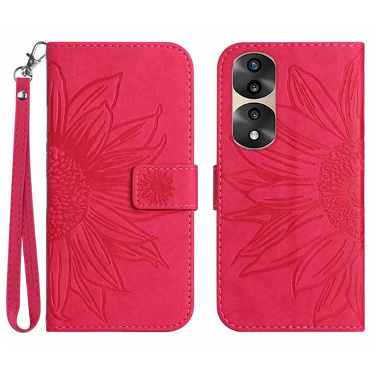 Skin-Touch Feeling Flip Phone Case for Honor 70 Pro 5G / 70 Pro+ 5G, Anti-fingerprint Imprinted Sunflower Stand PU Leather Magnetic Wallet Cover with Strap - Rose