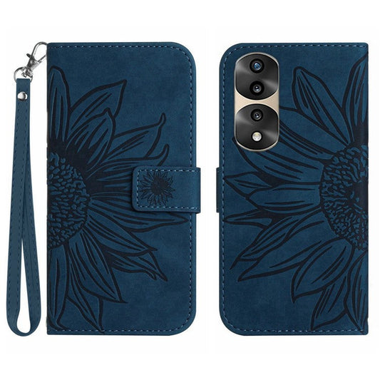 Skin-Touch Feeling Flip Phone Case for Honor 70 Pro 5G / 70 Pro+ 5G, Anti-fingerprint Imprinted Sunflower Stand PU Leather Magnetic Wallet Cover with Strap - Dark Blue