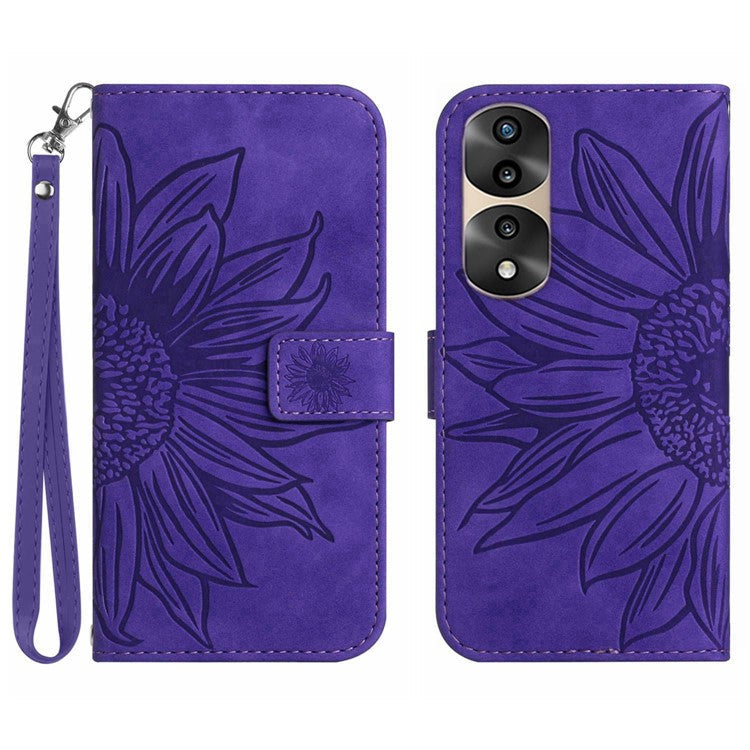 Skin-Touch Feeling Flip Phone Case for Honor 70 Pro 5G / 70 Pro+ 5G, Anti-fingerprint Imprinted Sunflower Stand PU Leather Magnetic Wallet Cover with Strap - Dark Purple