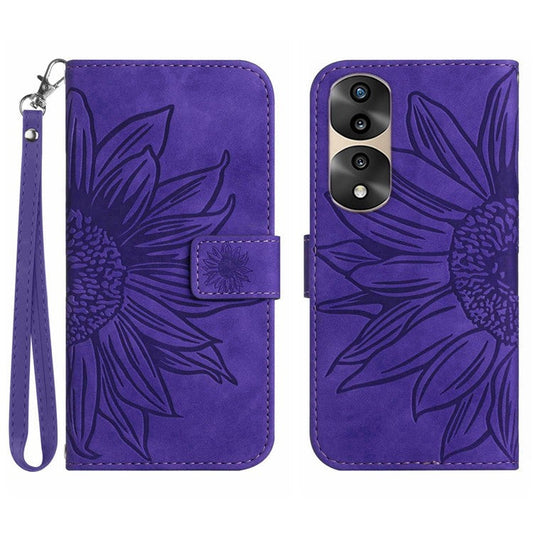 Skin-Touch Feeling Flip Phone Case for Honor 70 Pro 5G / 70 Pro+ 5G, Anti-fingerprint Imprinted Sunflower Stand PU Leather Magnetic Wallet Cover with Strap - Dark Purple