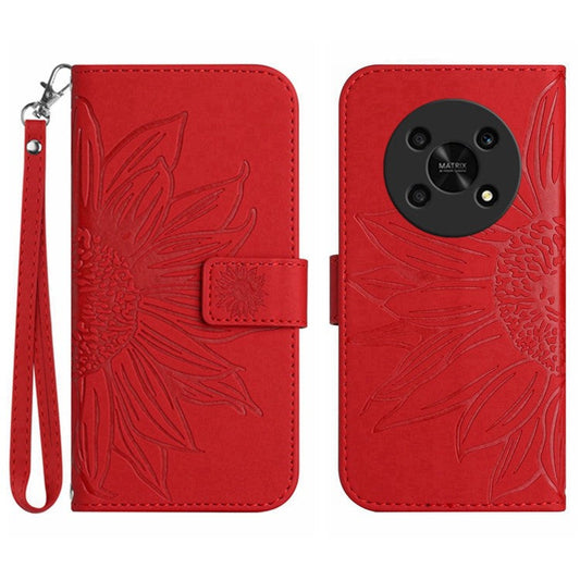 Skin-Touch Feeling Magnetic Flip Phone Case for Honor Magic4 Lite 5G, Imprinted Sunflower Stand PU Leather Wallet Cover with Strap - Red