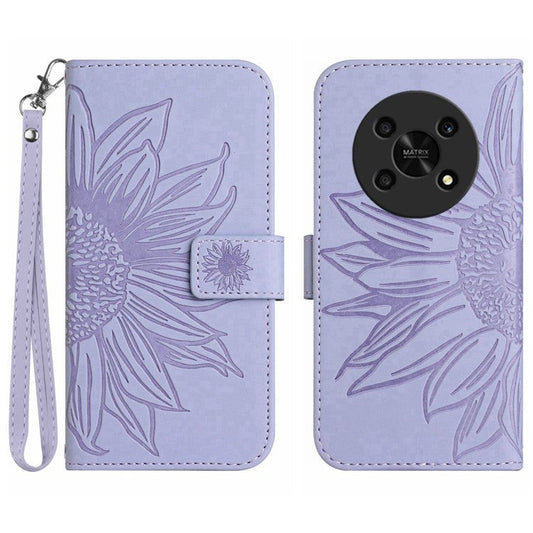 Skin-Touch Feeling Magnetic Flip Phone Case for Honor Magic4 Lite 5G, Imprinted Sunflower Stand PU Leather Wallet Cover with Strap - Light Purple