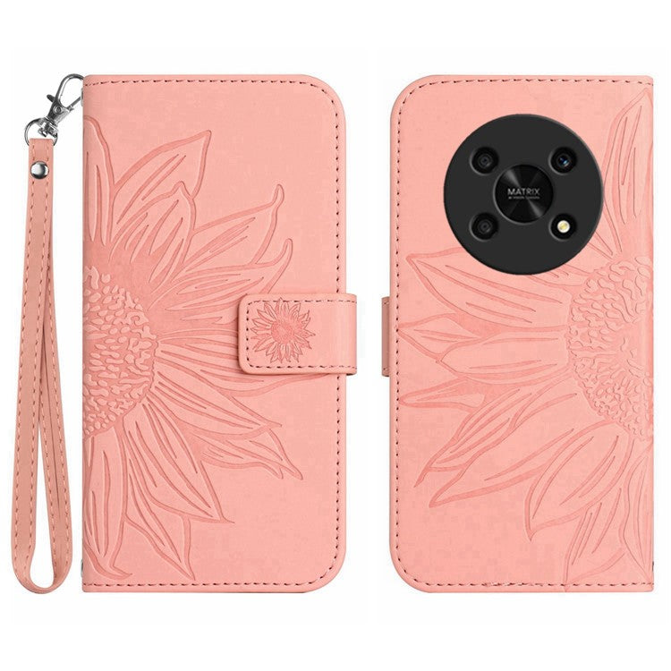 Skin-Touch Feeling Magnetic Flip Phone Case for Honor Magic4 Lite 5G, Imprinted Sunflower Stand PU Leather Wallet Cover with Strap - Light Pink