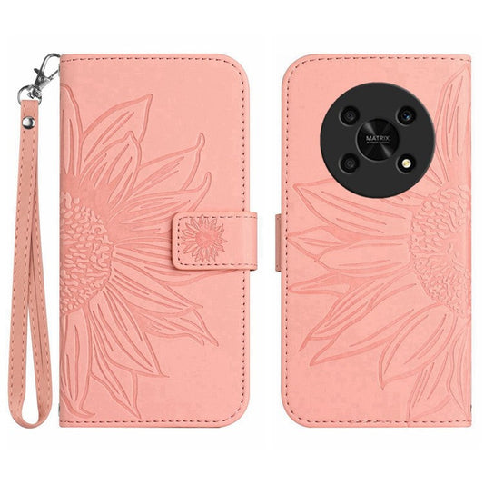 Skin-Touch Feeling Magnetic Flip Phone Case for Honor Magic4 Lite 5G, Imprinted Sunflower Stand PU Leather Wallet Cover with Strap - Light Pink