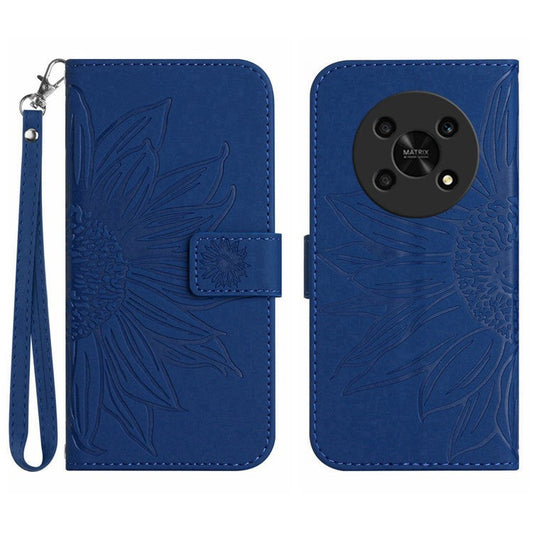 Skin-Touch Feeling Magnetic Flip Phone Case for Honor Magic4 Lite 5G, Imprinted Sunflower Stand PU Leather Wallet Cover with Strap - Sapphire