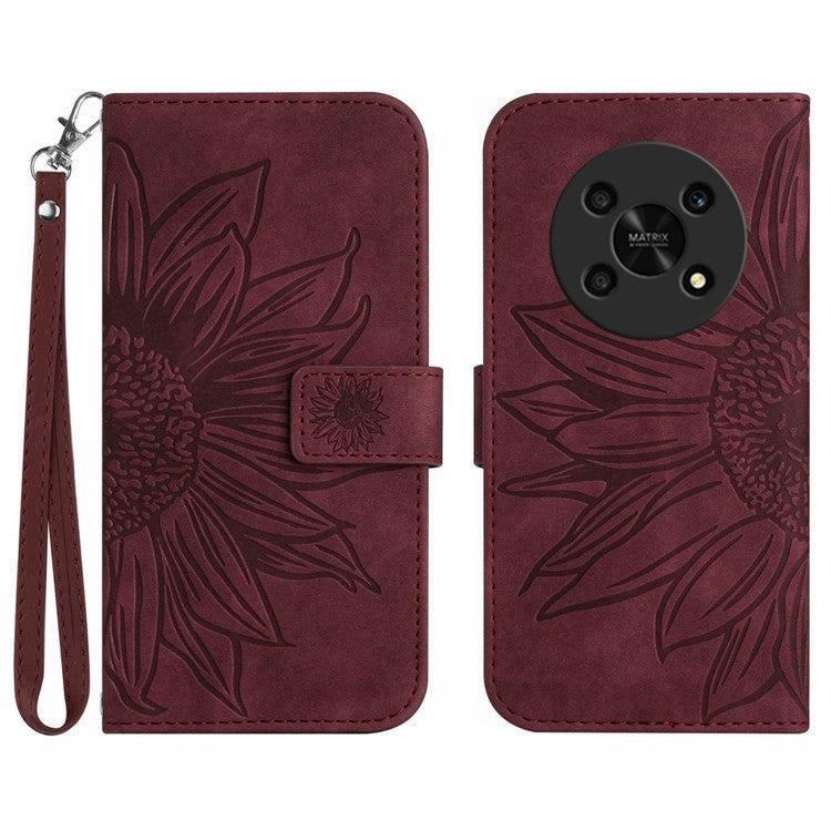Skin-Touch Feeling Magnetic Flip Phone Case for Honor Magic4 Lite 5G, Imprinted Sunflower Stand PU Leather Wallet Cover with Strap - Wine Red
