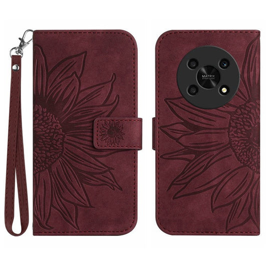 Skin-Touch Feeling Magnetic Flip Phone Case for Honor Magic4 Lite 5G, Imprinted Sunflower Stand PU Leather Wallet Cover with Strap - Wine Red