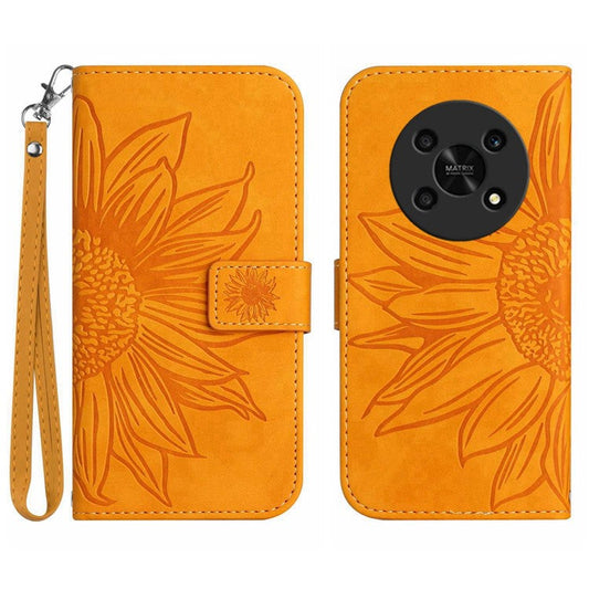 Skin-Touch Feeling Magnetic Flip Phone Case for Honor Magic4 Lite 5G, Imprinted Sunflower Stand PU Leather Wallet Cover with Strap - Yellow