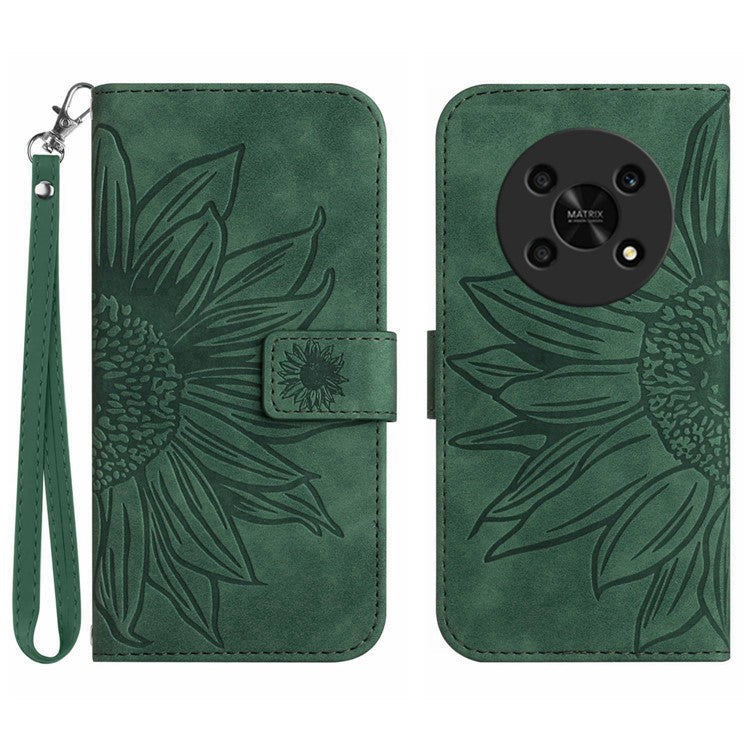 Skin-Touch Feeling Magnetic Flip Phone Case for Honor Magic4 Lite 5G, Imprinted Sunflower Stand PU Leather Wallet Cover with Strap - Dark Green