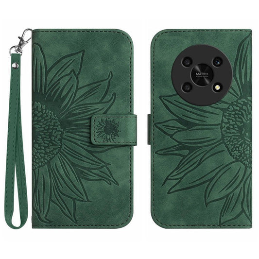 Skin-Touch Feeling Magnetic Flip Phone Case for Honor Magic4 Lite 5G, Imprinted Sunflower Stand PU Leather Wallet Cover with Strap - Dark Green