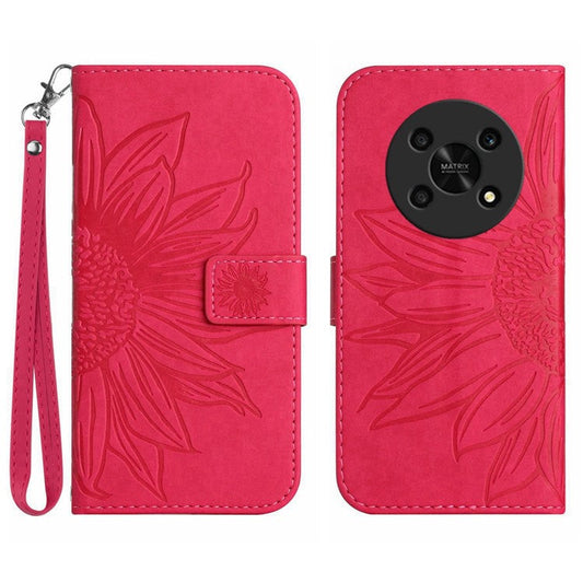 Skin-Touch Feeling Magnetic Flip Phone Case for Honor Magic4 Lite 5G, Imprinted Sunflower Stand PU Leather Wallet Cover with Strap - Rose