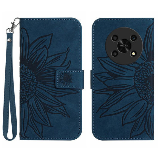 Skin-Touch Feeling Magnetic Flip Phone Case for Honor Magic4 Lite 5G, Imprinted Sunflower Stand PU Leather Wallet Cover with Strap - Dark Blue