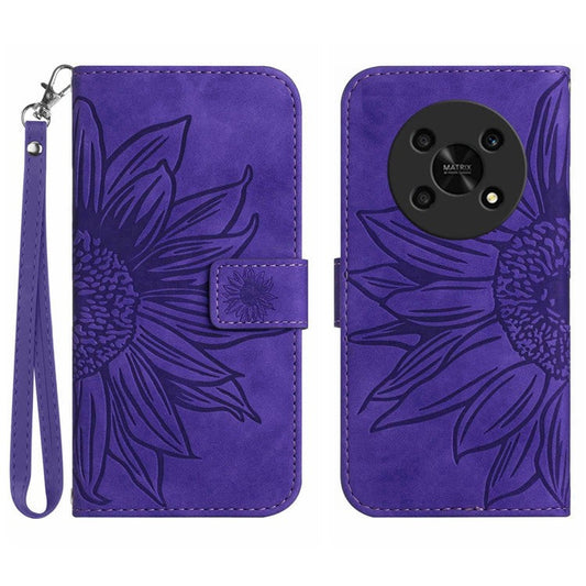 Skin-Touch Feeling Magnetic Flip Phone Case for Honor Magic4 Lite 5G, Imprinted Sunflower Stand PU Leather Wallet Cover with Strap - Dark Purple