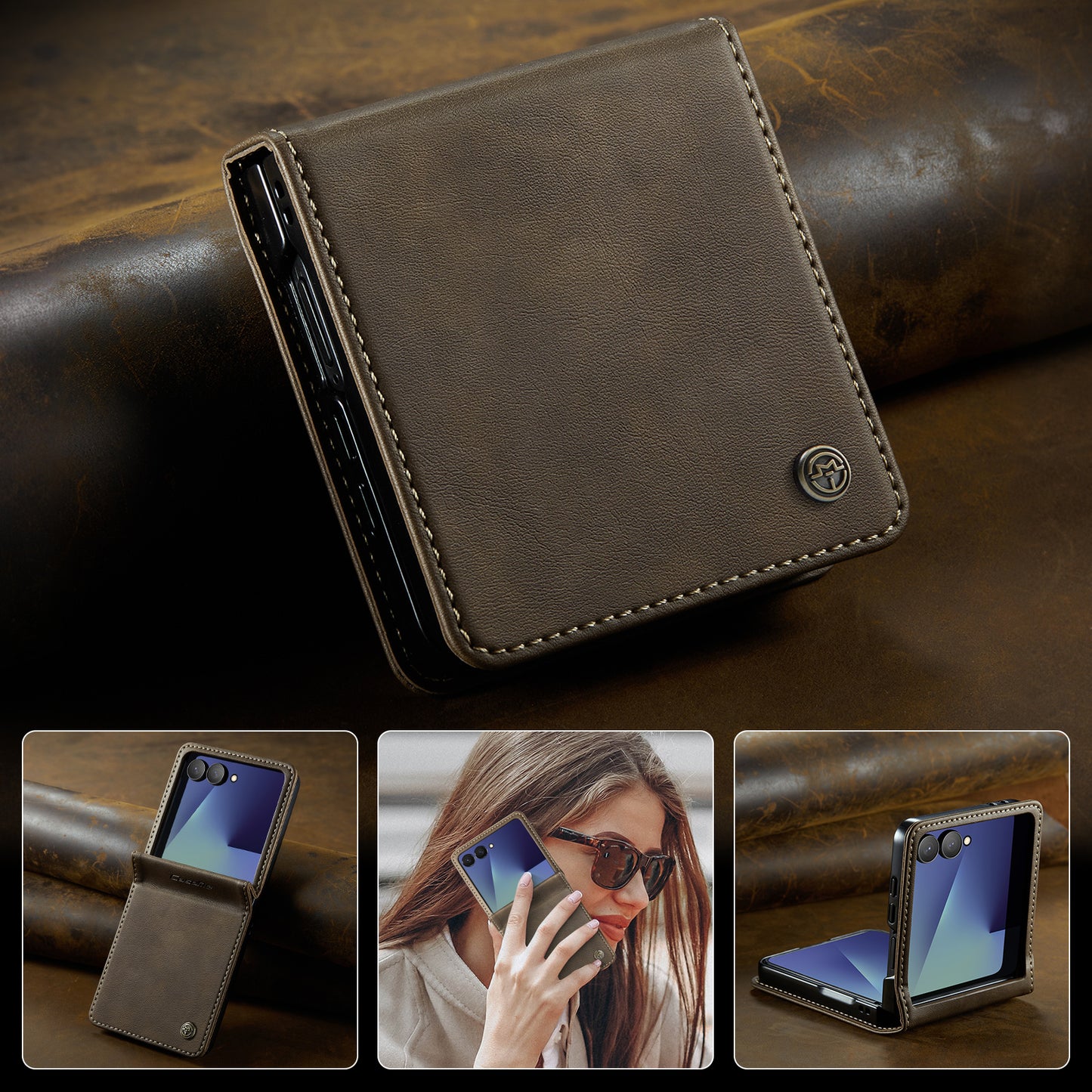 For Samsung Galaxy Z Flip7 5G Case CASEME 033 Series RFID Blocking Wallet Stand Calf Texture Leather Phone Cover - Coffee