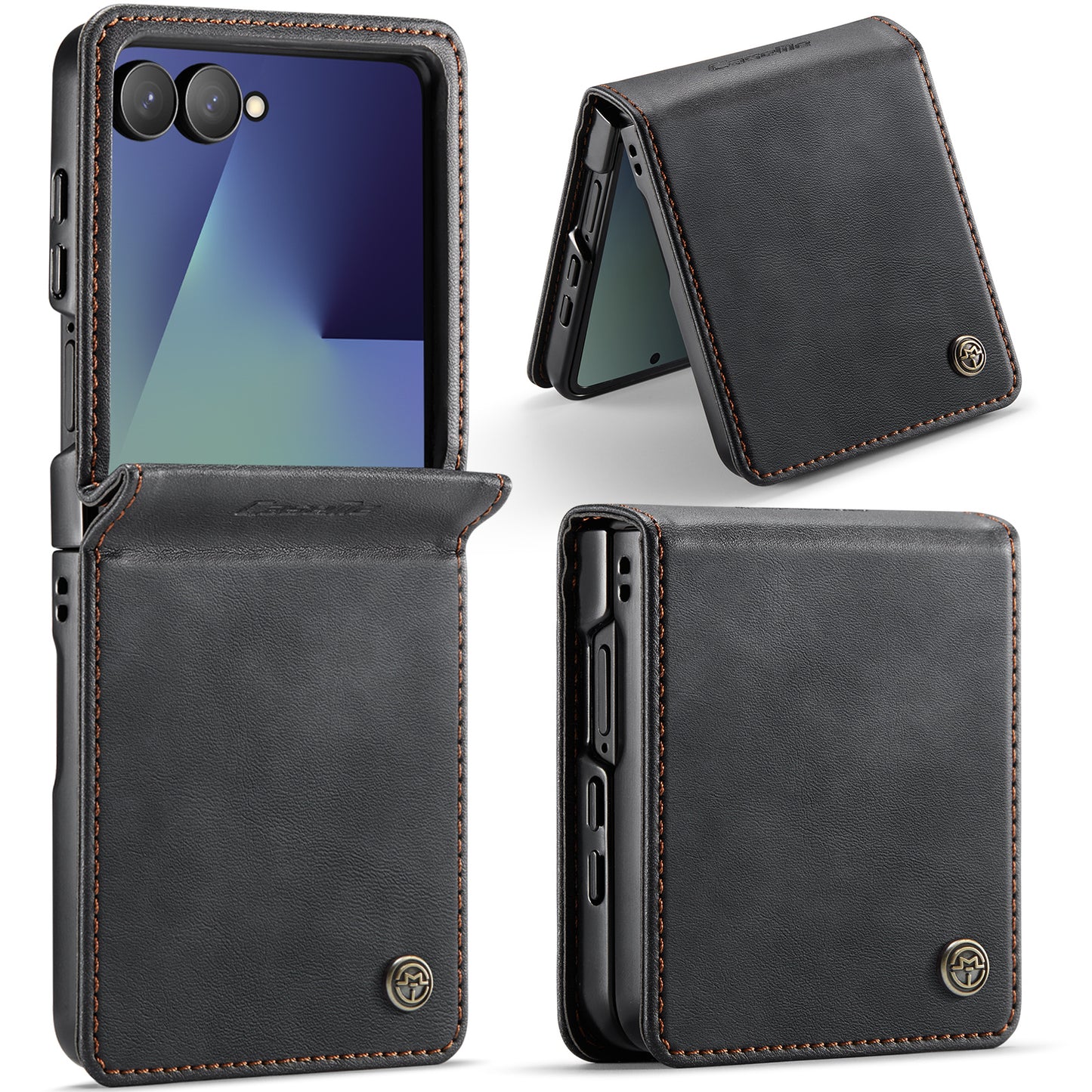 For Samsung Galaxy Z Flip7 5G Case CASEME 033 Series RFID Blocking Wallet Stand Calf Texture Leather Phone Cover - Black