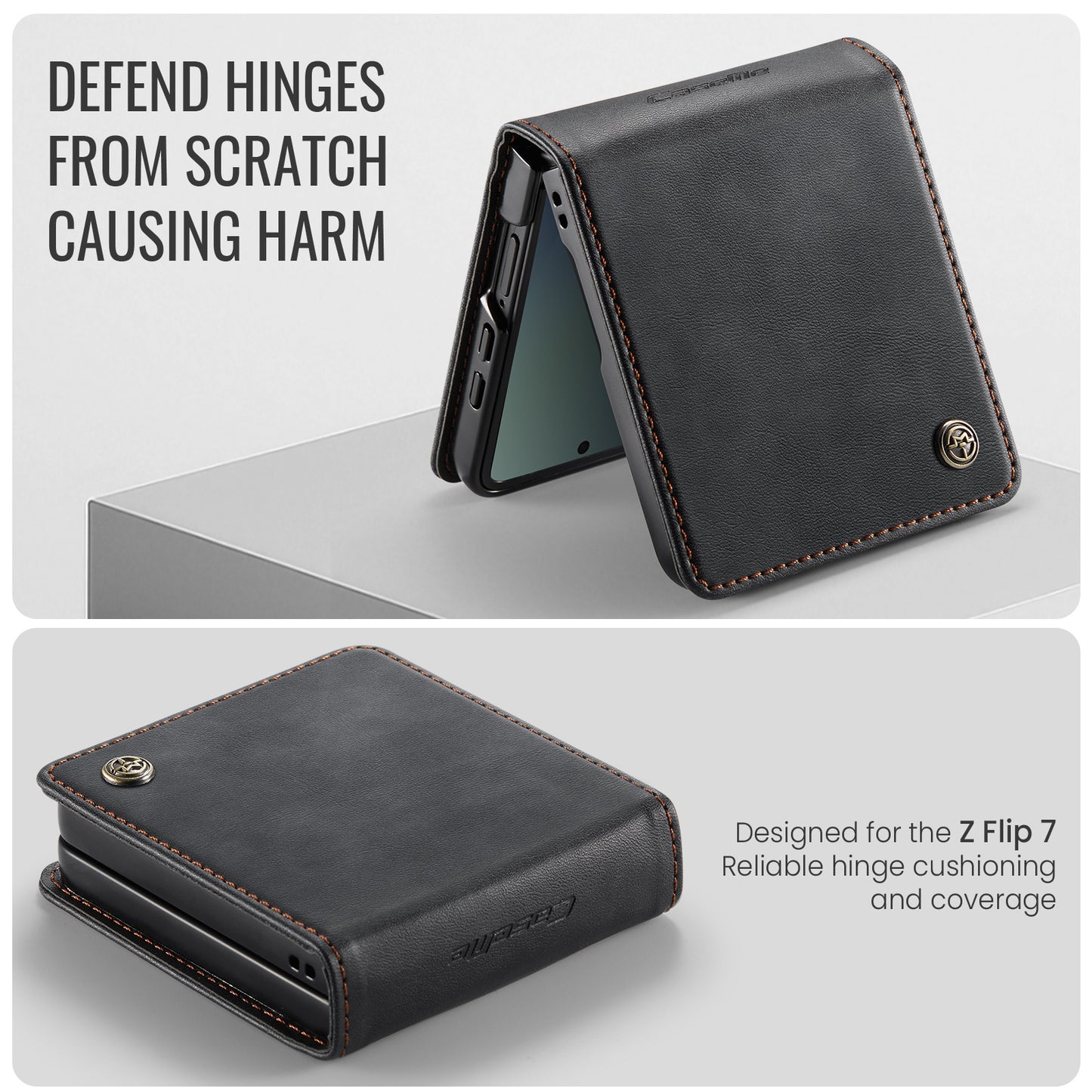 For Samsung Galaxy Z Flip7 5G Case CASEME 033 Series RFID Blocking Wallet Stand Calf Texture Leather Phone Cover - Black
