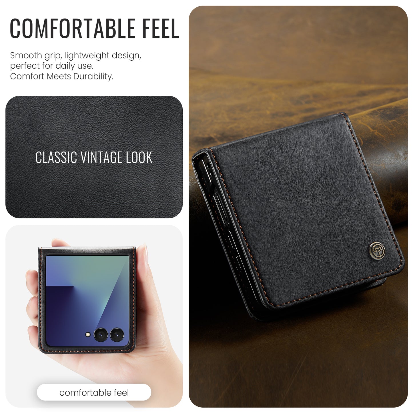 For Samsung Galaxy Z Flip7 5G Case CASEME 033 Series RFID Blocking Wallet Stand Calf Texture Leather Phone Cover - Black