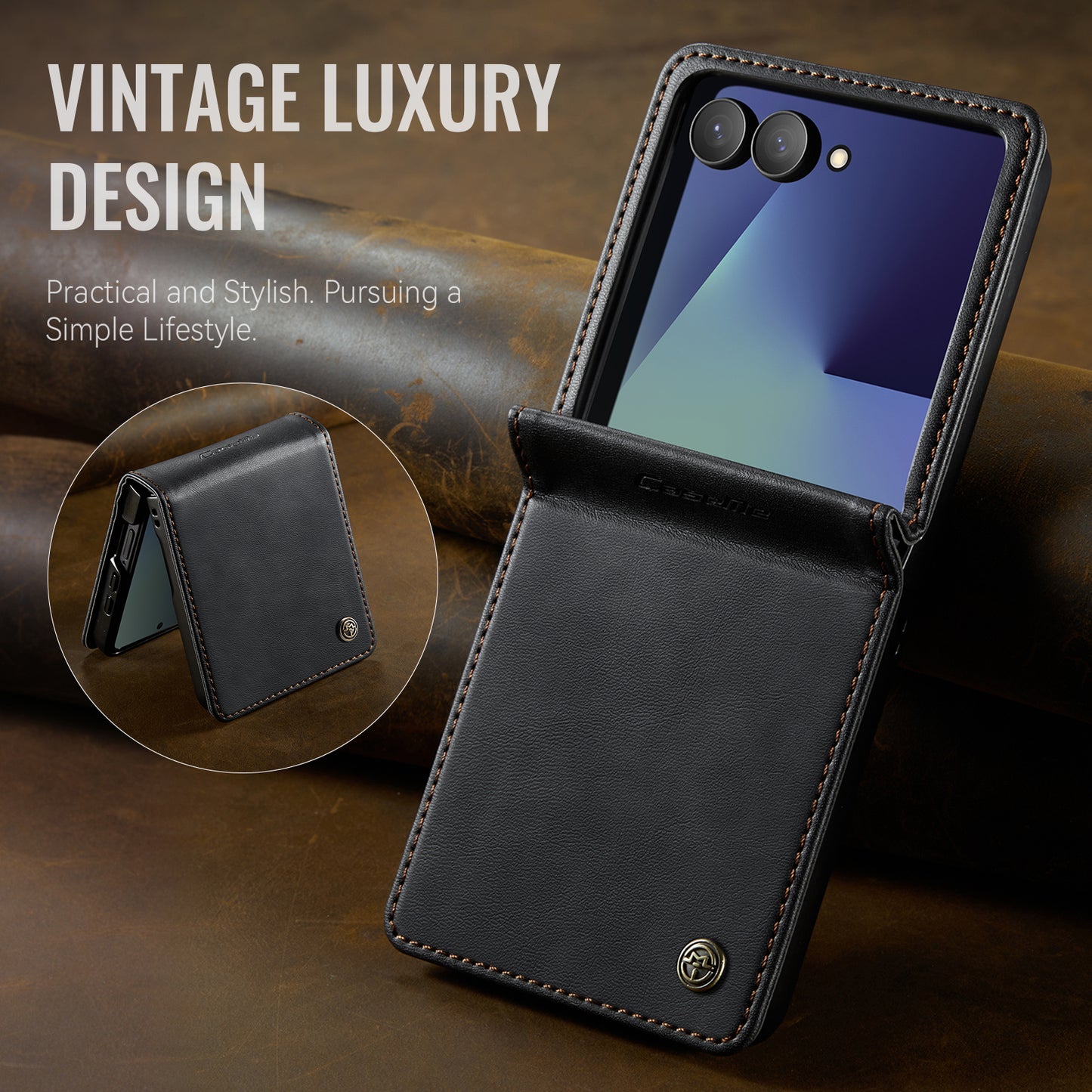 For Samsung Galaxy Z Flip7 5G Case CASEME 033 Series RFID Blocking Wallet Stand Calf Texture Leather Phone Cover - Black