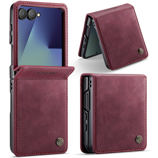 For Samsung Galaxy Z Flip7 5G Case CASEME 033 Series RFID Blocking Wallet Stand Calf Texture Leather Phone Cover - Red