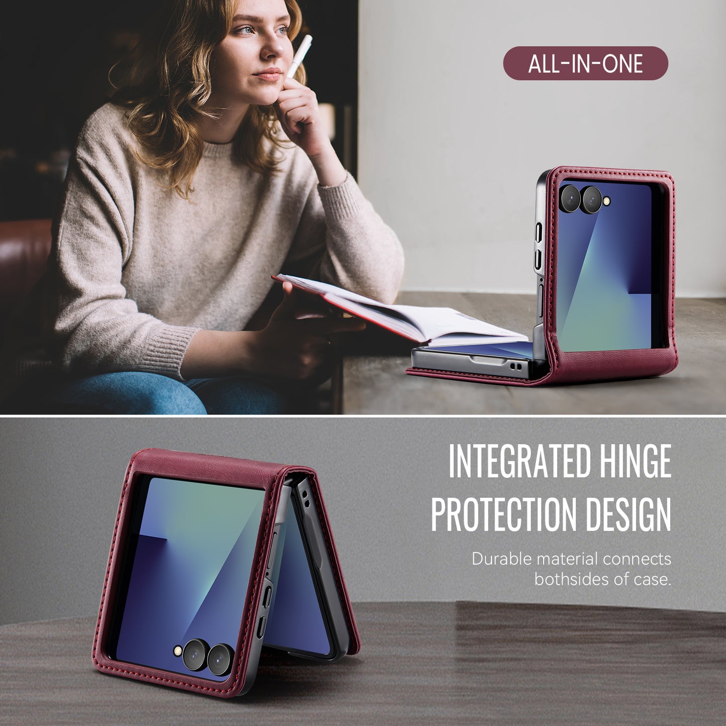 For Samsung Galaxy Z Flip7 5G Case CASEME 033 Series RFID Blocking Wallet Stand Calf Texture Leather Phone Cover - Red