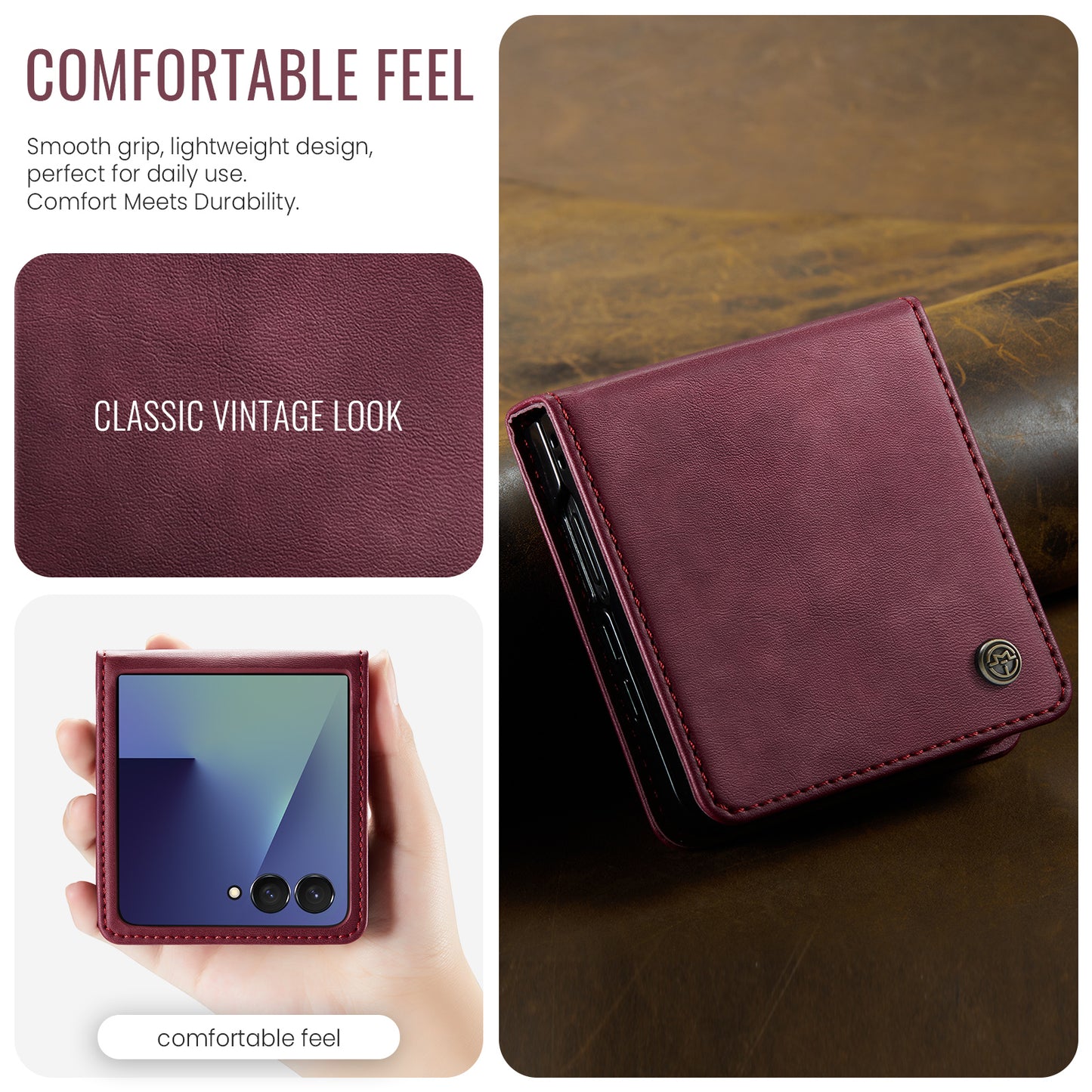 For Samsung Galaxy Z Flip7 5G Case CASEME 033 Series RFID Blocking Wallet Stand Calf Texture Leather Phone Cover - Red