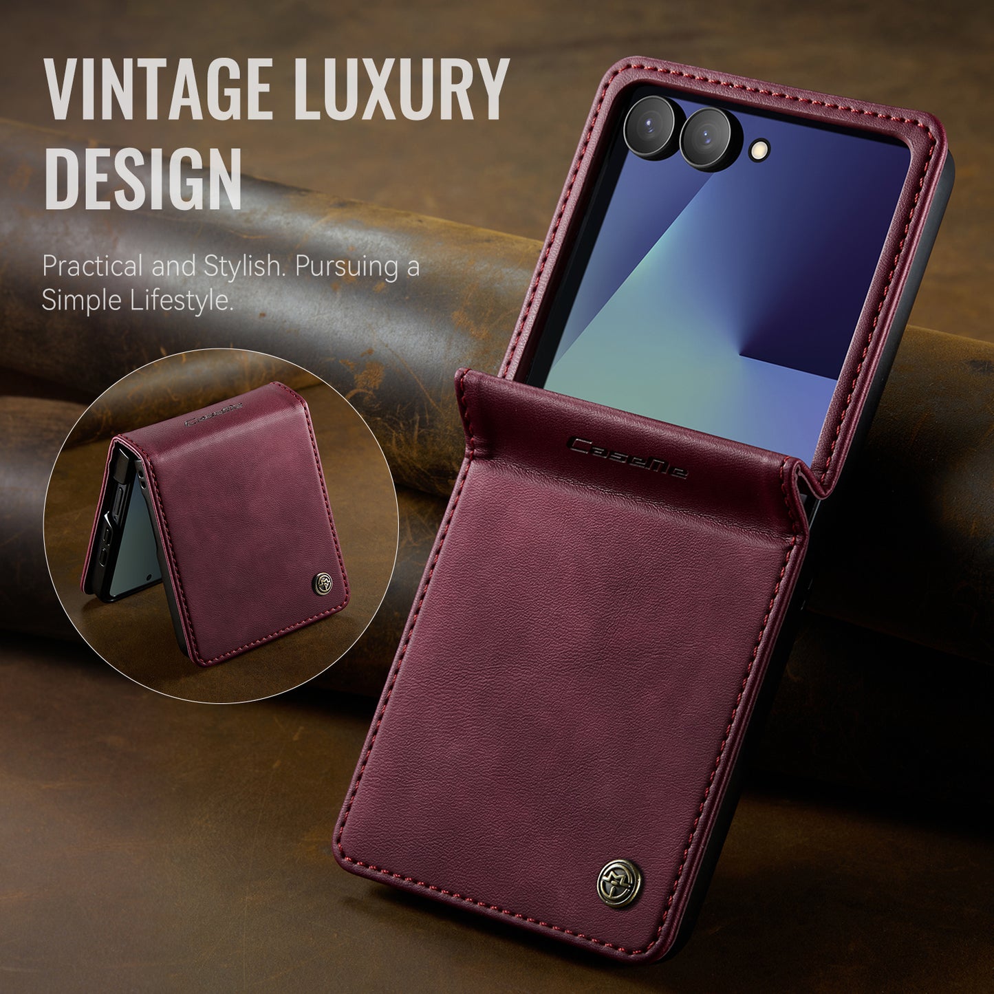 For Samsung Galaxy Z Flip7 5G Case CASEME 033 Series RFID Blocking Wallet Stand Calf Texture Leather Phone Cover - Red