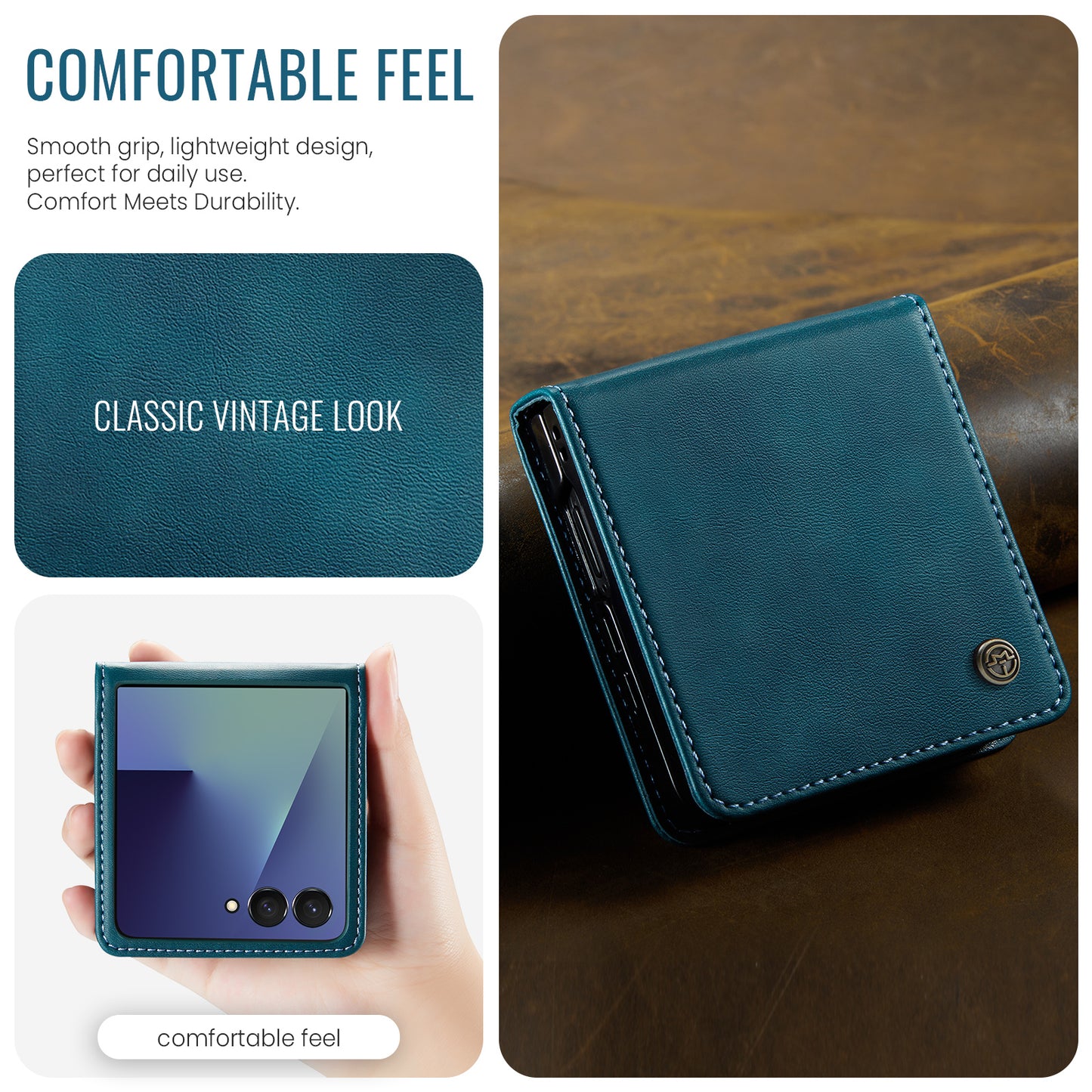 For Samsung Galaxy Z Flip7 5G Case CASEME 033 Series RFID Blocking Wallet Stand Calf Texture Leather Phone Cover - Green