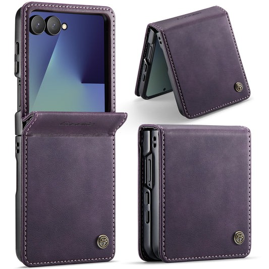 For Samsung Galaxy Z Flip7 5G Case CASEME 033 Series RFID Blocking Wallet Stand Calf Texture Leather Phone Cover - Purple