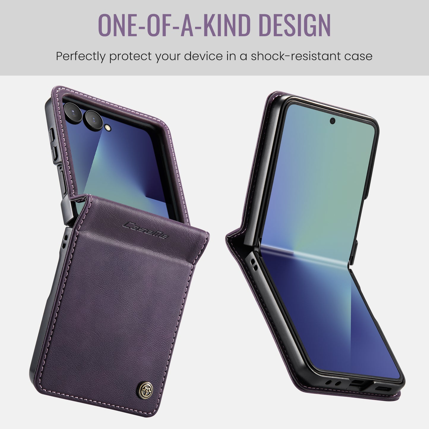 For Samsung Galaxy Z Flip7 5G Case CASEME 033 Series RFID Blocking Wallet Stand Calf Texture Leather Phone Cover - Purple