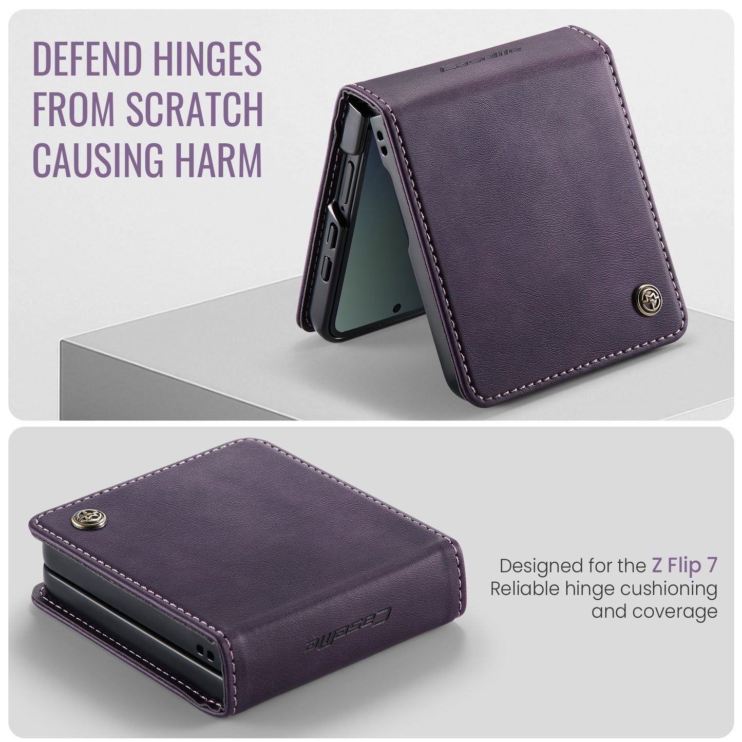For Samsung Galaxy Z Flip7 5G Case CASEME 033 Series RFID Blocking Wallet Stand Calf Texture Leather Phone Cover - Purple