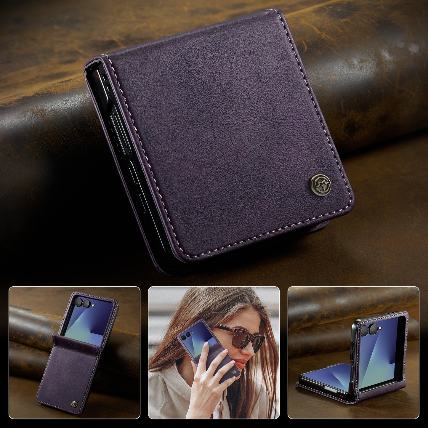 For Samsung Galaxy Z Flip7 5G Case CASEME 033 Series RFID Blocking Wallet Stand Calf Texture Leather Phone Cover - Purple