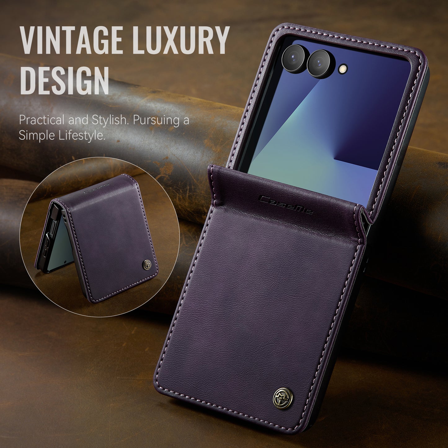 For Samsung Galaxy Z Flip7 5G Case CASEME 033 Series RFID Blocking Wallet Stand Calf Texture Leather Phone Cover - Purple