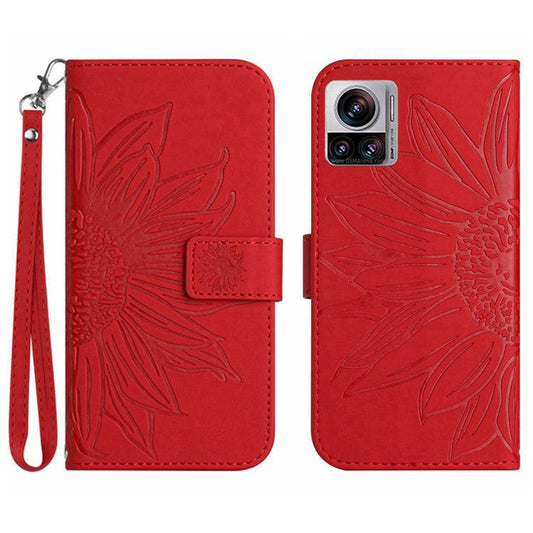 For Motorola Moto X30 Pro 5G / Edge 30 Ultra 5G HT04 Sunflower Imprinted PU Leather Adjustable Stand Case Skin-Touch Drop-proof Phone Wallet Cover with Hand Strap - Red