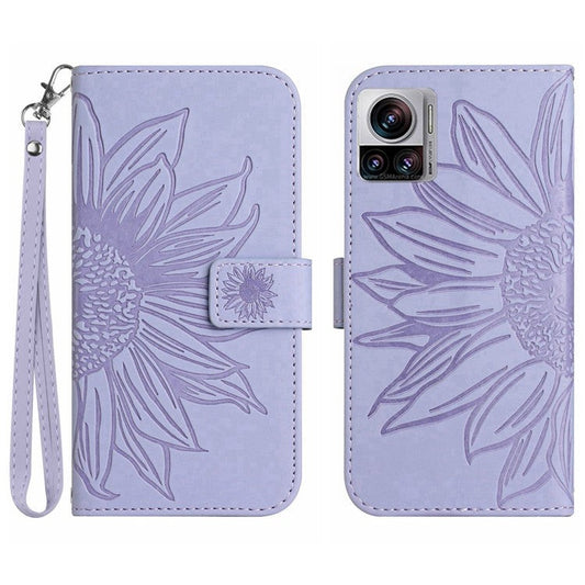 For Motorola Moto X30 Pro 5G / Edge 30 Ultra 5G HT04 Sunflower Imprinted PU Leather Adjustable Stand Case Skin-Touch Drop-proof Phone Wallet Cover with Hand Strap - Light Purple