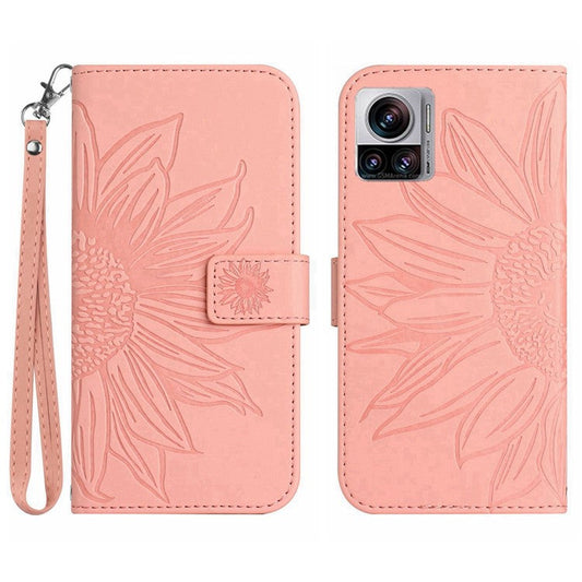 For Motorola Moto X30 Pro 5G / Edge 30 Ultra 5G HT04 Sunflower Imprinted PU Leather Adjustable Stand Case Skin-Touch Drop-proof Phone Wallet Cover with Hand Strap - Light Pink