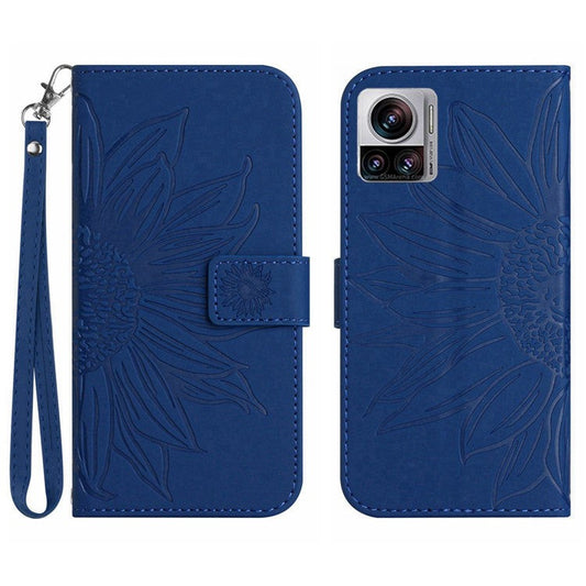 For Motorola Moto X30 Pro 5G / Edge 30 Ultra 5G HT04 Sunflower Imprinted PU Leather Adjustable Stand Case Skin-Touch Drop-proof Phone Wallet Cover with Hand Strap - Sapphire