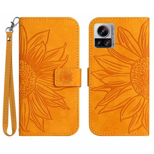 For Motorola Moto X30 Pro 5G / Edge 30 Ultra 5G HT04 Sunflower Imprinted PU Leather Adjustable Stand Case Skin-Touch Drop-proof Phone Wallet Cover with Hand Strap - Yellow