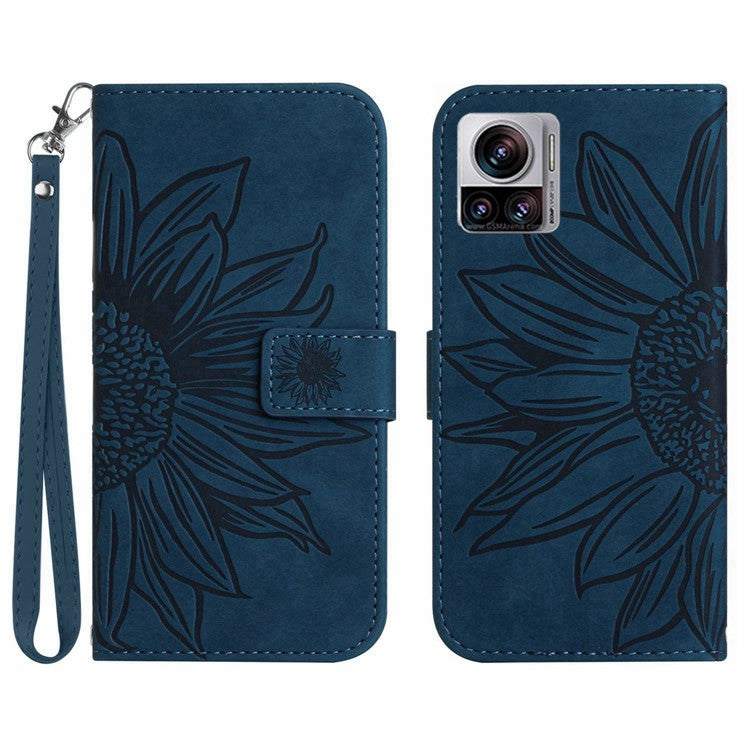 For Motorola Moto X30 Pro 5G / Edge 30 Ultra 5G HT04 Sunflower Imprinted PU Leather Adjustable Stand Case Skin-Touch Drop-proof Phone Wallet Cover with Hand Strap - Dark Blue