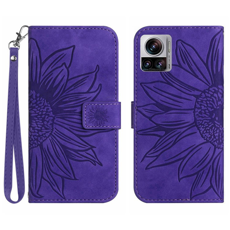 For Motorola Moto X30 Pro 5G / Edge 30 Ultra 5G HT04 Sunflower Imprinted PU Leather Adjustable Stand Case Skin-Touch Drop-proof Phone Wallet Cover with Hand Strap - Dark Purple