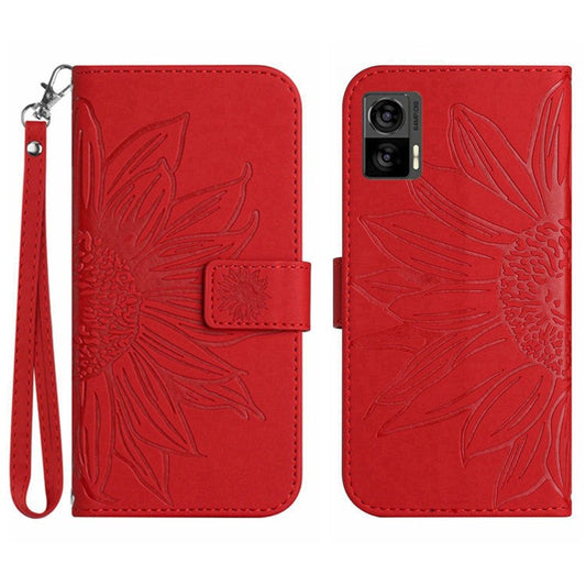 For Motorola Edge 30 Neo 5G HT04 Imprinted Sunflower Phone Protective Case Skin-Touch PU Leather Adjustable Stand Wallet Cover with Hand Strap - Red