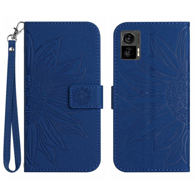 For Motorola Edge 30 Neo 5G HT04 Imprinted Sunflower Phone Protective Case Skin-Touch PU Leather Adjustable Stand Wallet Cover with Hand Strap - Sapphire