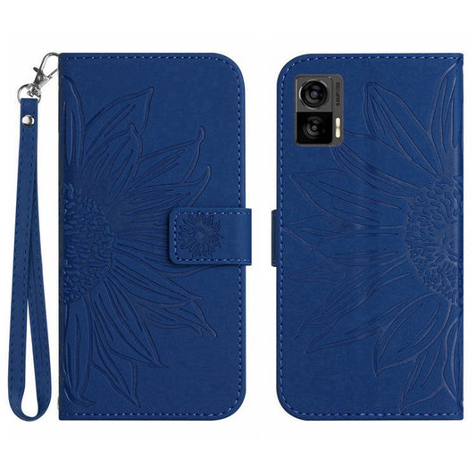 For Motorola Edge 30 Neo 5G HT04 Imprinted Sunflower Phone Protective Case Skin-Touch PU Leather Adjustable Stand Wallet Cover with Hand Strap - Sapphire