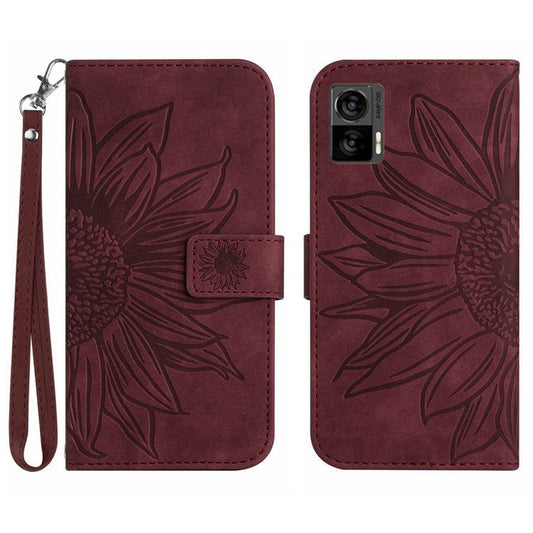For Motorola Edge 30 Neo 5G HT04 Imprinted Sunflower Phone Protective Case Skin-Touch PU Leather Adjustable Stand Wallet Cover with Hand Strap - Wine Red