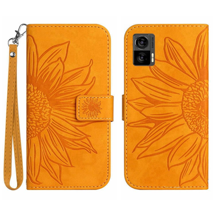 For Motorola Edge 30 Neo 5G HT04 Imprinted Sunflower Phone Protective Case Skin-Touch PU Leather Adjustable Stand Wallet Cover with Hand Strap - Yellow