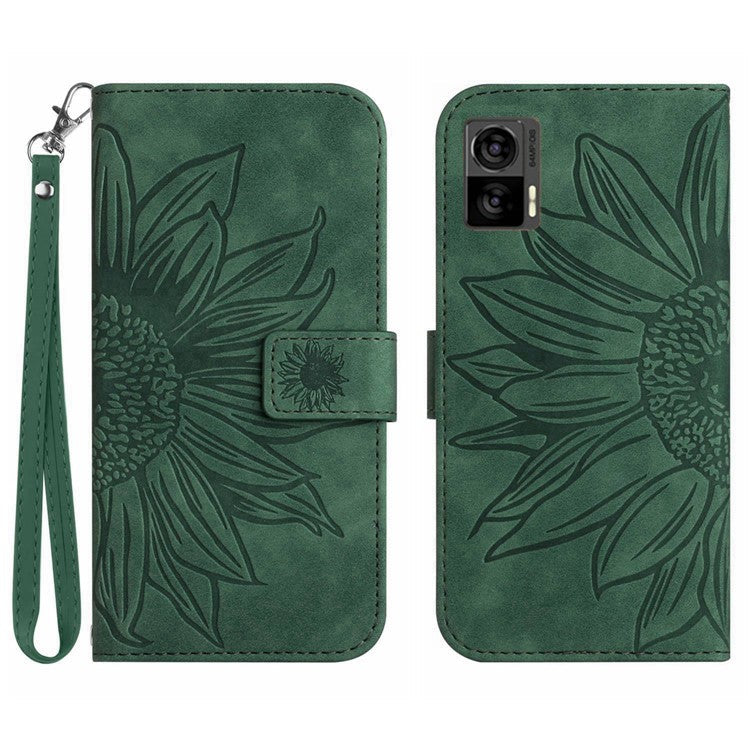 For Motorola Edge 30 Neo 5G HT04 Imprinted Sunflower Phone Protective Case Skin-Touch PU Leather Adjustable Stand Wallet Cover with Hand Strap - Dark Green