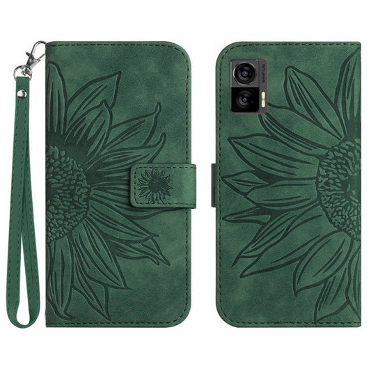 For Motorola Edge 30 Neo 5G HT04 Imprinted Sunflower Phone Protective Case Skin-Touch PU Leather Adjustable Stand Wallet Cover with Hand Strap - Dark Green