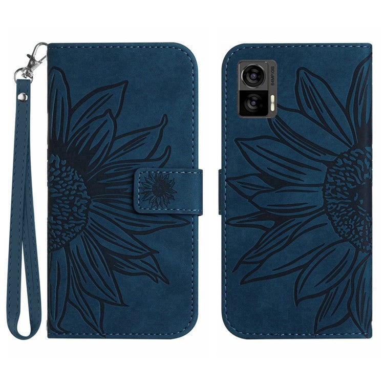 For Motorola Edge 30 Neo 5G HT04 Imprinted Sunflower Phone Protective Case Skin-Touch PU Leather Adjustable Stand Wallet Cover with Hand Strap - Dark Blue