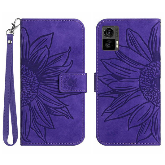 For Motorola Edge 30 Neo 5G HT04 Imprinted Sunflower Phone Protective Case Skin-Touch PU Leather Adjustable Stand Wallet Cover with Hand Strap - Dark Purple