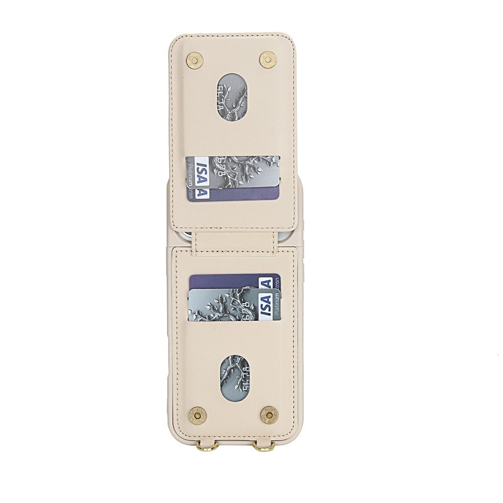 For iPhone 17 Pro Max Case Kickstand Card Slots Leather Coated TPU Cover with Shoulder Strap - Beige